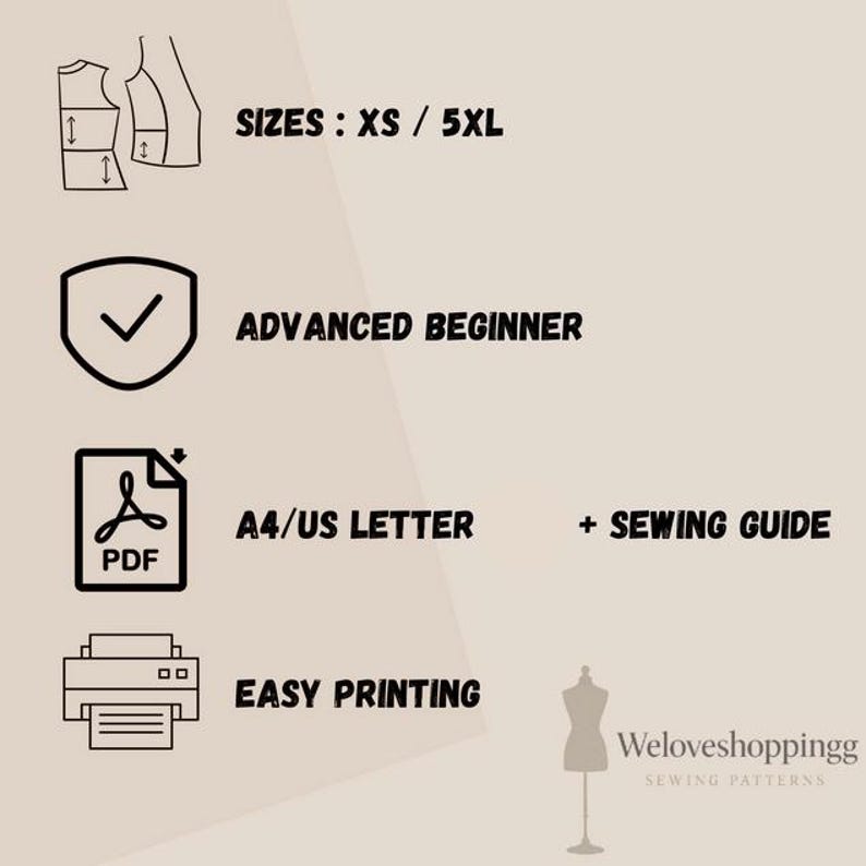 Op de afbeelding: Een beige afbeelding met tekst en pictogrammen voor een naaipatroon. De tekst bevat "MATEN: XS / 5XL", "GEAVANCEERDE BEGINNER", "A4/US LETTER + NAAIGIDS" en "EENVOUDIG PRINTEN". Een PDF-pictogram en een printerpictogram zijn ook aanwezig.