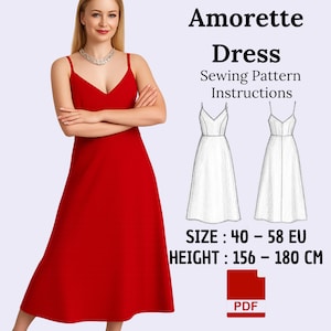 May include: Amorette dress sewing pattern instructions. The image shows a woman wearing a red dress with spaghetti straps and a V-neck. The pattern includes sizes 40-58 EU and heights 156-180 cm. The PDF download is available.