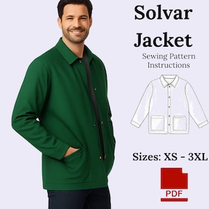 Op de afbeelding: Een groene jas met een zwarte rits en twee voorzakken. De afbeelding bevat een lijntekening van de jas en de tekst "Solvar Jacket Sewing Pattern Instructions" en "Maten: XS - 3XL". Er is ook een PDF-pictogram aanwezig.