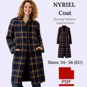Könnte beinhalten: Ein marineblauer und gelb karierter Mantel mit Reverskragen und zwei Vordertaschen. Das Bild enthält den Text "NYRIEL Coat Sewing Pattern Instructions" und "Größen: 34-56 (EU)". Ein PDF-Symbol ist ebenfalls vorhanden.