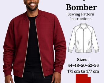 May include: A burgundy zip bomber jacket with a white zipper, worn by a person. The image includes a sewing pattern illustration and text that reads "Zip Bomber Sewing Pattern Instructions." Sizes are listed as 44-48-50-52-56, and the height is 5'7" to 5'10".