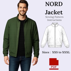 Puede incluir: Una chaqueta verde con cremallera, camiseta negra y vaqueros azules. La imagen incluye el texto "NORD Jacket Sewing Pattern Instructions" y una ilustración de chaqueta. Tallas: XXS a XXXL. Icono PDF.
