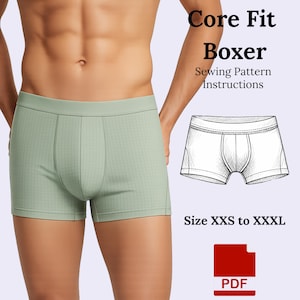 May include: Sage green boxer shorts with a grid pattern. The image includes a line drawing of the shorts and text that reads "Core Fit Boxer Sewing Pattern Instructions" and "Size XXS to XXXL". A PDF icon is also present.