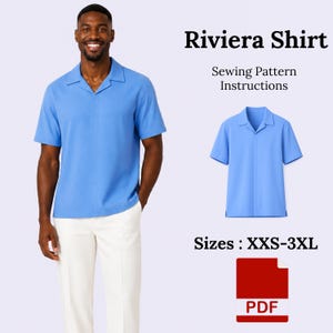 May include: A light blue Riviera shirt with short sleeves and a camp collar. The image includes the text "Riviera Shirt" and "Sewing Pattern Instructions". A smaller image of the shirt is also shown, along with the sizes available: XXS-3XL. A PDF icon is also shown.