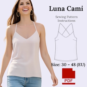 May include: A woman wearing a light pink cami top with a V-neck and spaghetti straps. The image includes a line drawing of the cami and text that reads "Luna Cami Sewing Pattern Instructions" and "Size: 30 - 48 (EU)". A PDF icon is also present.