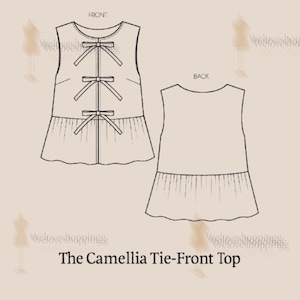 Op de afbeelding: Lijntekening van een mouwloze top met een geplooid zoom en drie strikken in het midden. De voor- en achteraanzicht worden getoond. De tekst "The Camellia Tie-Front Top" staat onderaan.
