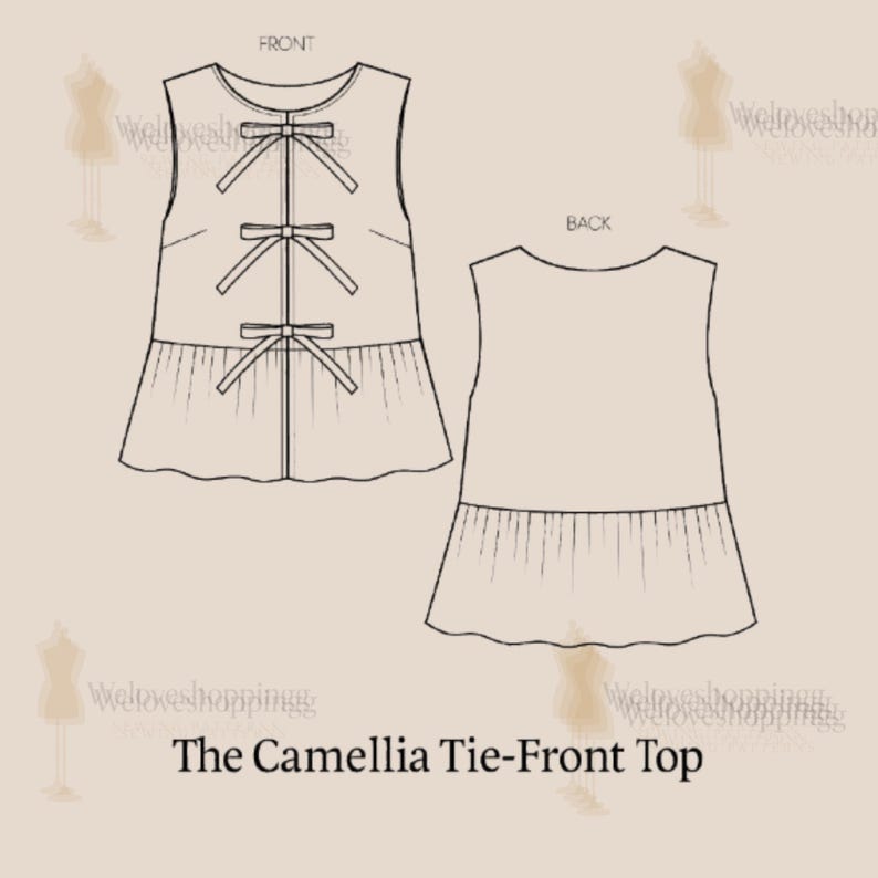 Op de afbeelding: Lijntekening van een mouwloze top met een geplooid zoom en drie strikken in het midden. De voor- en achteraanzicht worden getoond. De tekst "The Camellia Tie-Front Top" staat onderaan.