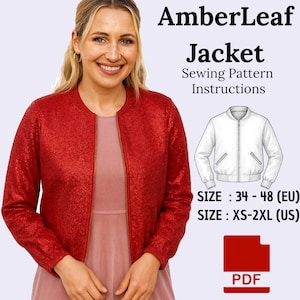 Może przedstawiać: Kobieta w czerwonej kurtce bomber z cekinami. Obraz zawiera tekst "AmberLeaf Jacket Sewing Pattern Instructions" oraz informacje o rozmiarze w rozmiarach UE i US. Obecna jest również ikona PDF.