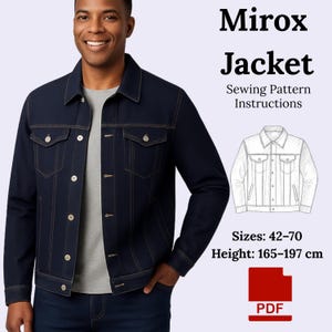 May include: A dark blue denim jacket with a classic design, featuring button closures and pockets. The image includes the text "Mirox Jacket Sewing Pattern Instructions" and a diagram of the jacket. Sizes range from 42-70, and height is 165-197 cm.
