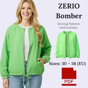 Puede incluir: Una mujer con una chaqueta bomber verde brillante con cierre de cremallera y dobladillo con cordón. La imagen incluye el texto "ZERIO Bomber" y "Sewing Pattern Instructions". Tallas: 30 - 56 (EU).