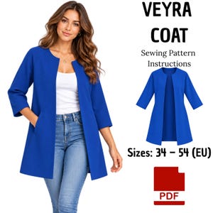 May include: A Veyra Coat sewing pattern instructions in PDF format. The design features a royal blue open-front coat with three-quarter length sleeves and side pockets. The text includes Veyra Coat, Sewing Pattern Instructions, and Sizes: 34 – 54 (EU).
