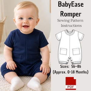 Op de afbeelding: Een digitaal naaipatroon voor een BabyEase-rompertje, met een lijntekening van een rompertje met korte mouwen, twee voorzakken en drukknopen. De tekst luidt BabyEase Romper Sewing Pattern Instructions, Sizes: 56-86 (Approx. 0-18 Months).