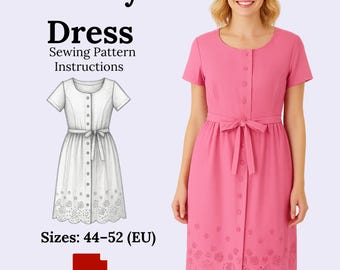 May include: Pink dress sewing pattern instructions. The dress features a button-down front, short sleeves, and a tie belt. The hemline has a decorative cut-out design. The image also includes a dress illustration and the text "Festonya Dress".