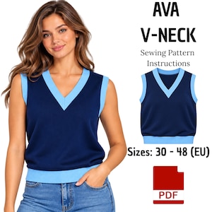 May include: A sewing pattern for an Ava V-neck vest, featuring a dark blue sleeveless top with light blue trim at the neckline, armholes, and hem. The text reads AVA V-NECK Sewing Pattern Instructions, Sizes: 30 - 48 (EU), and includes a red PDF icon.