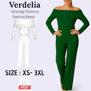 May include: A digital sewing pattern by Verdelia, featuring a green off-the-shoulder jumpsuit and a white outfit illustration. The pattern includes sizes XS-3XL and is available in PDF format. The jumpsuit has long sleeves and wide-leg pants.