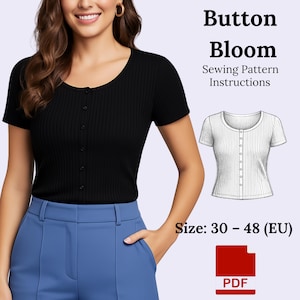 Könnte beinhalten: Ein schwarzes, geripptes Strickoberteil mit Rundhalsausschnitt und Knopfleiste. Das Bild enthält den Text "Button Bloom Sewing Pattern Instructions" und eine Größenangabe von 30-48 (EU). Ein PDF-Symbol ist ebenfalls vorhanden.