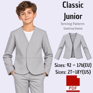 May include: A light gray blazer with a V-neckline and long sleeves, shown on a person and as a flat illustration. Text reads: Classic Junior Sewing Pattern Instructions, Sizes: 92-176(EU), Sizes: 2T-18Y(US), and a red PDF icon.