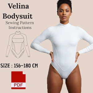 May include: A white bodysuit with long sleeves and a mock neck is shown. The image includes the text "Velina Bodysuit Sewing Pattern Instructions" and a line drawing of the bodysuit. The size range is 156-180 cm.