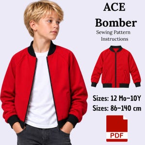 Könnte beinhalten: Ein Schnittmuster für eine ACE Bomberjacke inklusive Anleitung und PDF-Datei. Die Jacke ist leuchtend rot mit schwarzem Rippstrickkragen, Bündchen und Saum sowie einem schwarzen Reißverschluss. Die Größen reichen von 86 bis 140 cm.
