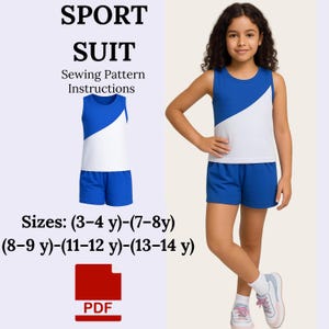Puede incluir: Un patrón de costura de chándal azul y blanco con instrucciones. La imagen muestra a una niña pequeña que lleva el traje. El traje es azul y blanco. El texto de la imagen dice "SPORT SUIT" y "Tallas: (3-4 años)-(7-8 años) (8-9 años)-(11-12 años)-(13-14 años)".