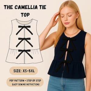 Puede incluir: Un top sin mangas azul marino con lazos negros y un dobladillo peplum. La imagen incluye un diagrama del top y el texto "THE CAMELLIA TIE TOP" y "SIZE: XS-5XL".