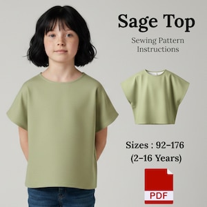 May include: A young person wearing a sage green top, with a matching top displayed to the right. The image includes the text "Sage Top" and "Sewing Pattern Instructions". The sizes are listed as 92-176 (2-16 Years).