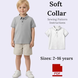 Puede incluir: Un niño con un polo gris y pantalones cortos color caqui. La imagen incluye el texto "Soft Collar Sewing Pattern Instructions" y "Tallas: 2-16 años". También hay un icono PDF.