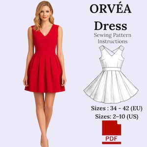 Peut inclure: Robe rouge sans manches avec un col en V et une jupe plissée. L'image comprend un schéma de patron de couture et le texte « ORVÉA Robe Instructions de patron de couture ». Tailles : 34-42 (EU) et 2-10 (US).
