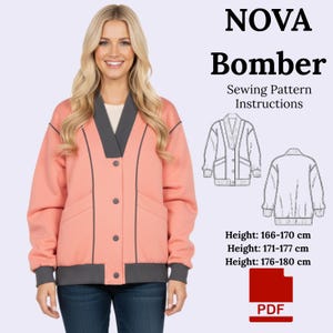 May include: A coral bomber jacket with grey trim and a V-neck. The jacket has a button-up front, pockets, and a ribbed hem. The image includes sewing pattern instructions and height measurements in centimetres.