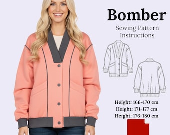 May include: A coral-colored bomber jacket with gray trim and a V-neck design. The jacket features a button-up front, pockets, and a ribbed hem. The image includes sewing pattern instructions and height measurements in centimeters.