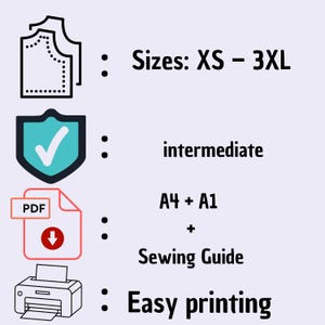 May include: An illustration with text indicating sizes XS-3XL, intermediate skill level, A4 + A1, sewing guide, and easy printing. The image includes a pattern outline, a shield with a checkmark, a PDF document, and a printer.