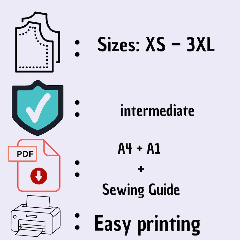 May include: An illustration with text indicating sizes XS-3XL, intermediate skill level, A4 + A1, sewing guide, and easy printing. The image includes a pattern outline, a shield with a checkmark, a PDF document, and a printer.