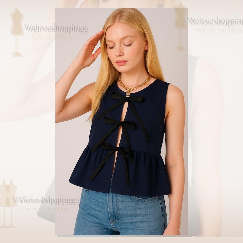 Op de afbeelding: Marineblauwe mouwloze top met zwarte strikaccenten en een peplumzoom. De top heeft een sleutelgatenopening en wordt gecombineerd met een gouden ketting. Het model draagt een blauwe jeans.