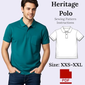 May include: A teal polo shirt with a pocket, worn by a person. The image includes a line drawing of a white polo shirt and text that reads "Heritage Polo Sewing Pattern Instructions" and "Size: XXS-XXL". A PDF icon is also present.
