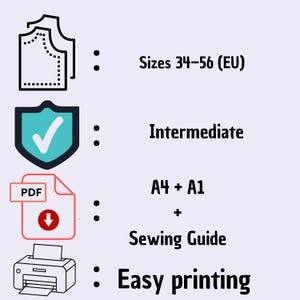 Puede incluir: Un gr&aacute;fico informativo de patr&oacute;n de costura digital con cuatro iconos: un contorno de prenda para tallas 34-56 (EU), un escudo con una marca de verificaci&oacute;n para nivel intermedio, un icono PDF para A4 y A1 con gu&iacute;a de costura y una impresora.