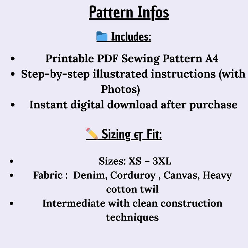 May include: Text on a white background reads "Pattern Infos" and details for a sewing pattern. Includes a printable PDF, illustrated instructions, and instant download. Sizes range from XS to 3XL, with fabric suggestions like denim and canvas.