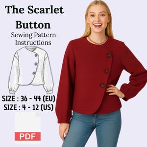 May include: A red jacket with three buttons, worn by a woman. The image is promoting "The Scarlet Button" sewing pattern, with sizes 36-44 (EU) and 4-12 (US). The pattern instructions are available as a PDF.