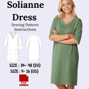 Op de afbeelding: Een groene jurk met een V-hals en zakken wordt getoond. De afbeelding bevat een naaipatroon met instructies en de tekst "Solianne Dress". Het jurkpatroon is beschikbaar in maten 34-48 (EU).