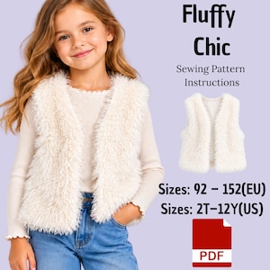 May include: A sewing pattern for a sleeveless, off-white faux fur vest. The text reads Fluffy Chic Sewing Pattern Instructions, Sizes: 92-152(EU), Sizes: 2T-12Y(US), and includes a red PDF icon. The vest is shown on a person and as a standalone item.