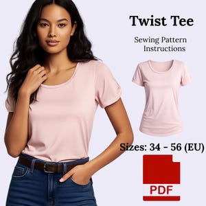 May include: A light pink Twist Tee shirt with a scoop neck and short sleeves. The image includes a model wearing the shirt and a smaller image of the shirt. Text on the image reads "Twist Tee Sewing Pattern Instructions" and "Sizes: 34 - 56 (EU)".