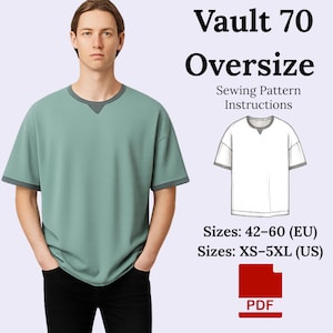 May include: A mint green oversized t-shirt with grey trim and a grey neckline is shown. The image includes the text "Vault 70 Oversize Sewing Pattern Instructions" and size information for EU and US sizes. A PDF icon is also present.