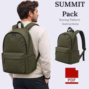 Puede incluir: Un patrón de costura PDF Summit Pack que muestra una mochila de color verde oliva sólido con un compartimento principal, un bolsillo frontal con cremallera, bolsillos laterales y correas acolchadas. Incluye cremalleras negras.
