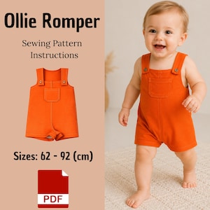 May include: Ollie Romper sewing pattern instructions in PDF format. The image displays a bright orange sleeveless romper with shoulder straps, buttons, and a front pocket. The text indicates sizes 62-92 cm for this baby clothing design.