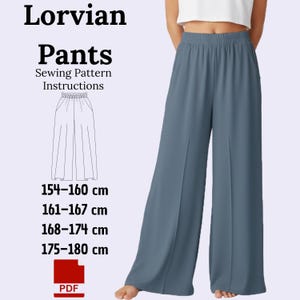 Könnte beinhalten: Blau-graue Palazzo-Hose. Das Bild enthält den Text "Lorvian Pants Sewing Pattern Instructions" und eine Zeichnung der Hose. Die Höhenmaße sind in Zentimetern angegeben: 154-160 cm, 161-167 cm, 168-174 cm und 175-180 cm. Ein PDF-Symbol ist ebenfalls vorhanden.
