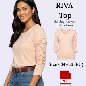 Puede incluir: Una blusa de manga larga color melocotón con mangas fruncidas y cinturón marrón. La imagen incluye un patrón de costura con el texto "RIVA Top Sewing Pattern Instructions" y tallas 34-56 (EU). También hay un icono PDF.
