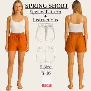 Può includere: Una donna indossa pantaloncini arancioni e una canotta bianca. I pantaloncini hanno la vita con coulisse. L'immagine include anche un modello di cucito con istruzioni per pantaloncini primaverili. Il modello è disponibile nelle taglie 8-16.