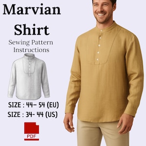 Pode incluir: Uma camisa cor de mostarda com gola mandarim e carcela de botões. A imagem inclui um desenho de uma camisa branca e o texto "Marvian Shirt Sewing Pattern Instructions". Os tamanhos são listados como 34-44 (US) e 44-54 (EU).