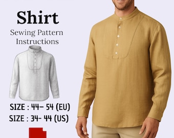 May include: A tan-colored shirt with a mandarin collar and a button-down placket. The image includes a sewing pattern illustration and text that reads "Marvian Shirt Sewing Pattern Instructions." Sizes 34-44 (US) and 44-54 (EU) are listed.