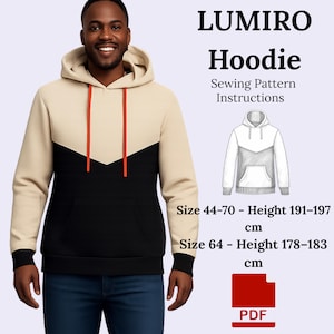 Könnte beinhalten: Ein zweifarbiges Kapuzenpullover-Schnittmuster in Beige und Schwarz mit einer Vordertasche und orangefarbenen Kordeln. Der Text "LUMIRO Hoodie Sewing Pattern Instructions" und Größenangaben in cm sind enthalten. Eine Skizze des Designs ist ebenfalls abgebildet.