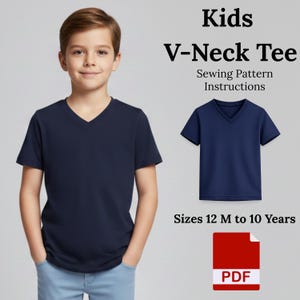 May include: A navy blue V-neck tee shirt on a young person. The image includes a smaller graphic of the shirt and text that reads "Kids V-Neck Tee Sewing Pattern Instructions" and "Sizes 12 M to 10 Years". A PDF icon is also present.